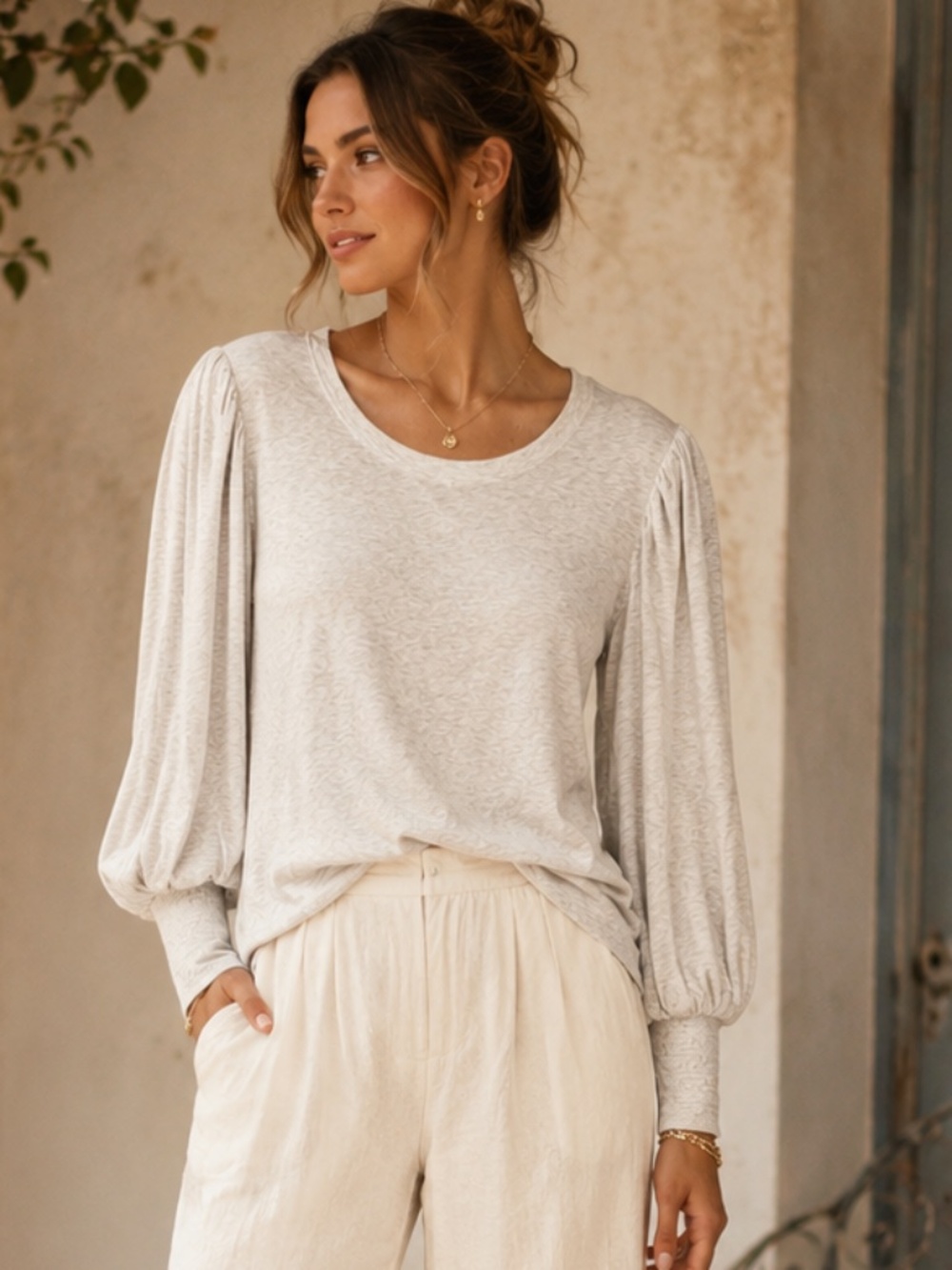 Nation Los Angeles Ecru Slub Knit Puff Sleeve Top XL Peru